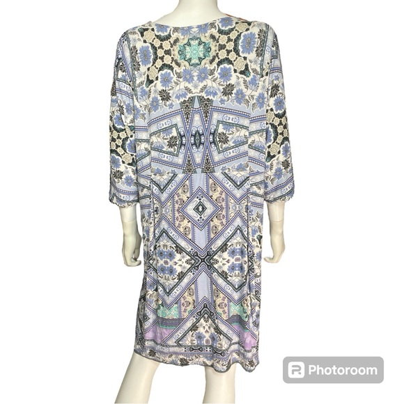 J. Jill Blue Mosaic Floral Knit Midi Shift Dress 3/4 Sleeve Women's Size LP - Picture 3 of 10